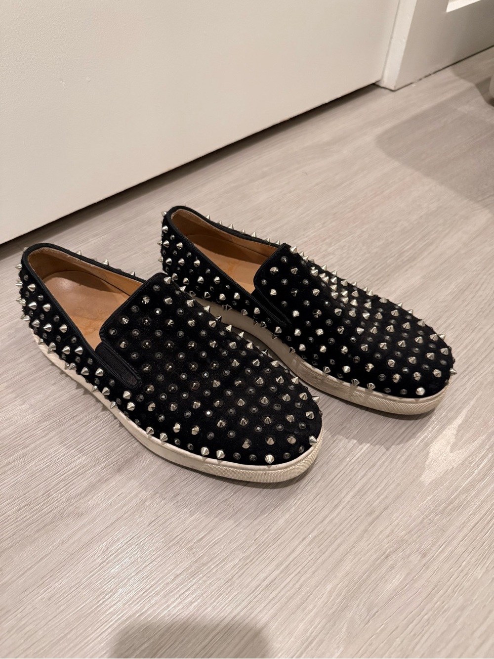 Christian Louboutin Black Suede
Studded Slip-On Loafers - WOMEN